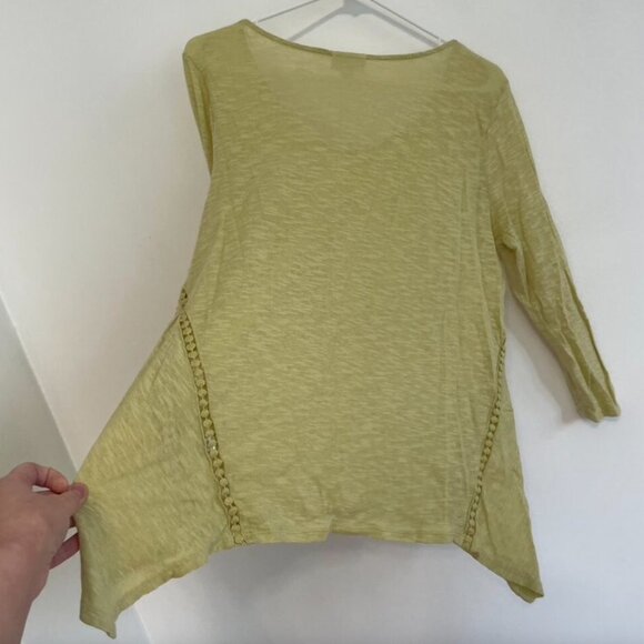 J. JILL Linen Blend Top Chartreuse Green V-Neck 3/4 Sleeve Crochet Asymmetrical - Picture 12 of 12